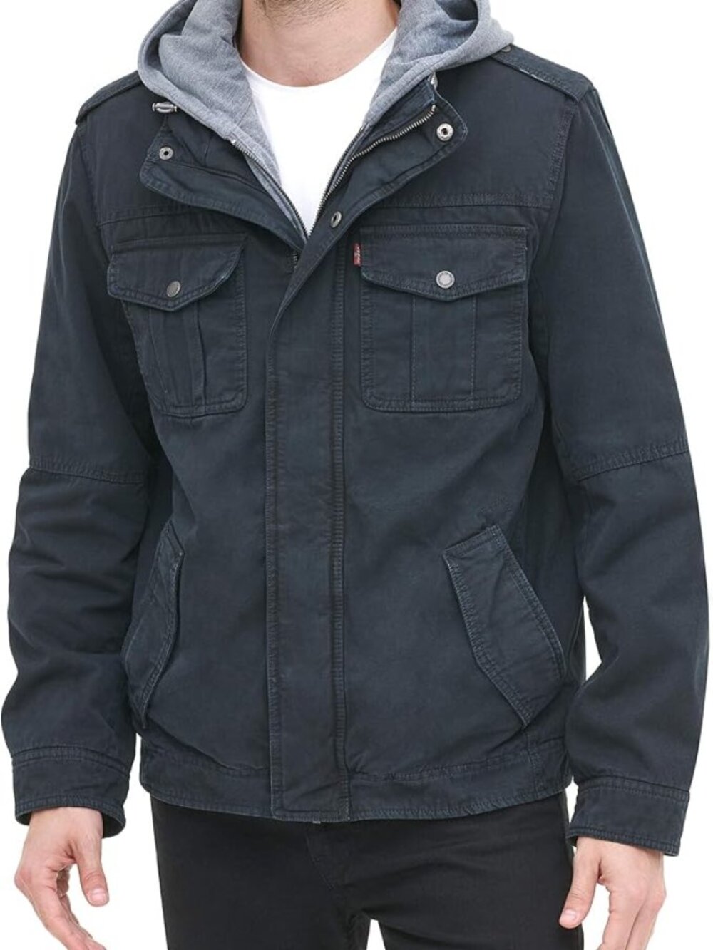 Used Levi's Men's Washed Cotton Hooded Military Jacket in size Large Navy Blue